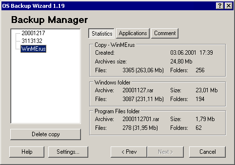 OS Backup Wizard. Manager of backup copies. Statictics