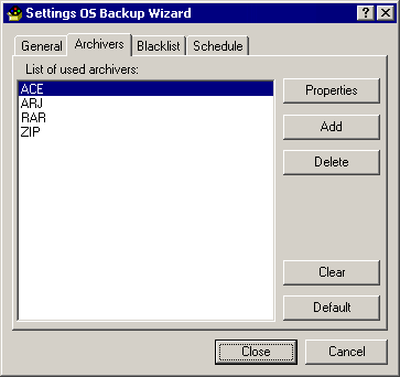 OS Backup Wizard. Program settings. Archiver tab