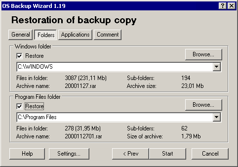 OS Backup Wizard. Restoration of backup copy