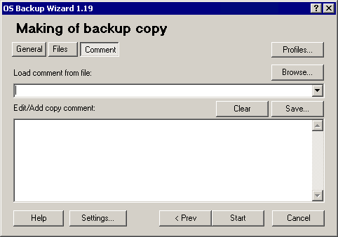 OS Backup Wizard. Making of backup copy. Comment tab