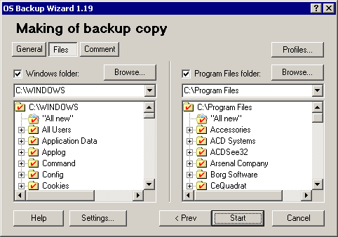 OS Backup Wizard. Making of backup copy. Files tab
